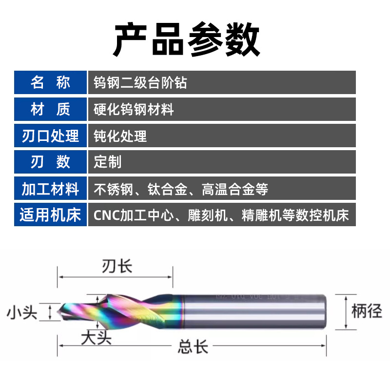 Customized tungsten steel two-step drill bit, aluminum alloy lock hole, stainless steel countersunk head countersunk drill bit, step reaming drill bit Specification drawing