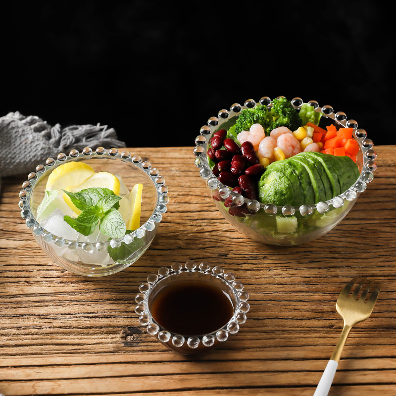 Beaded transparent glass bowl, salad bowl, household Japanese fruit bowl, creative tableware, popular Instagram bird's nest dessert bowl full figure