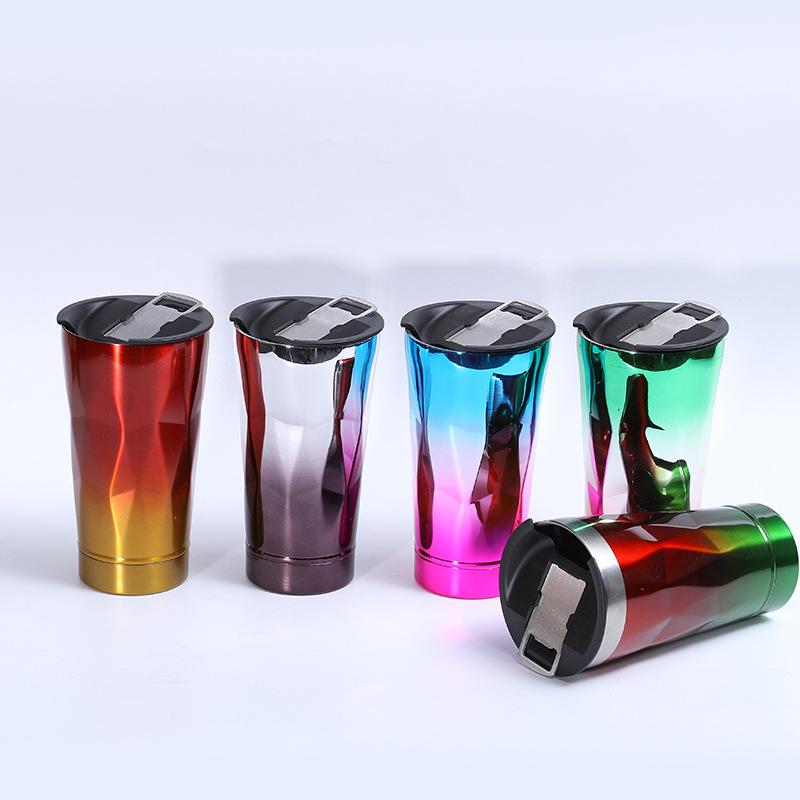 Cross-border 304 stainless steel gradient diamond-shaped beer mug portable double-layer coffee cup with built-in bottle opener beer mug Specification drawing