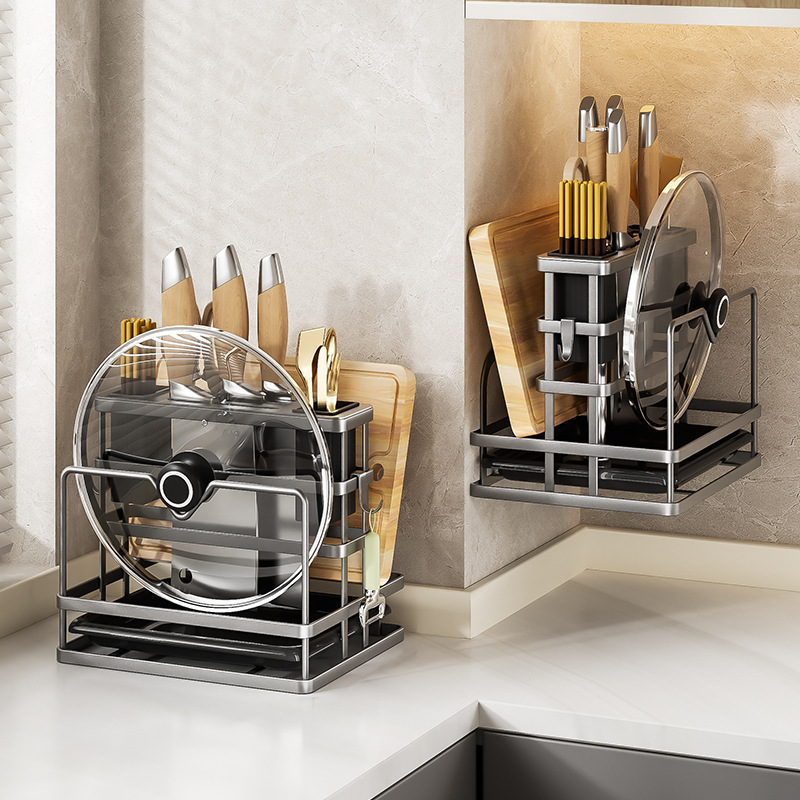 Multi-functional kitchen knife rack, countertop, cutting board rack, pot lid rack, wall-mounted chopstick holder, storage rack and draining rack without drilling full figure