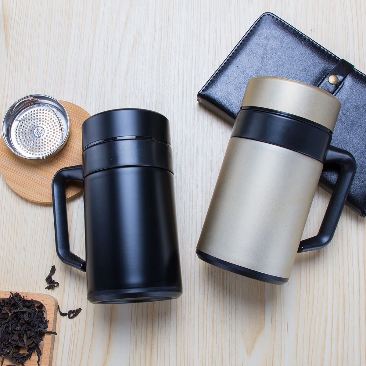Wholesale stainless steel insulated cups as gifts, men's business office cups with handles, filters, tea brewing cups, and logos details Picture