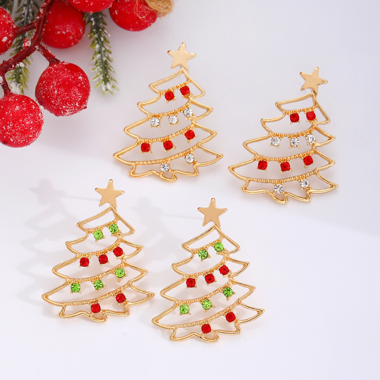 The popular cross-border sales of colorful diamond-encrusted hollowed-out Christmas tree stud earrings from Europe and America exude a feminine and high-end charm Application Scenario
