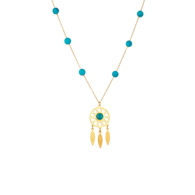 European and American fashion style, retro ethnic style, turquoise beaded dream catcher, pendant chain, titanium steel necklace Item Picture