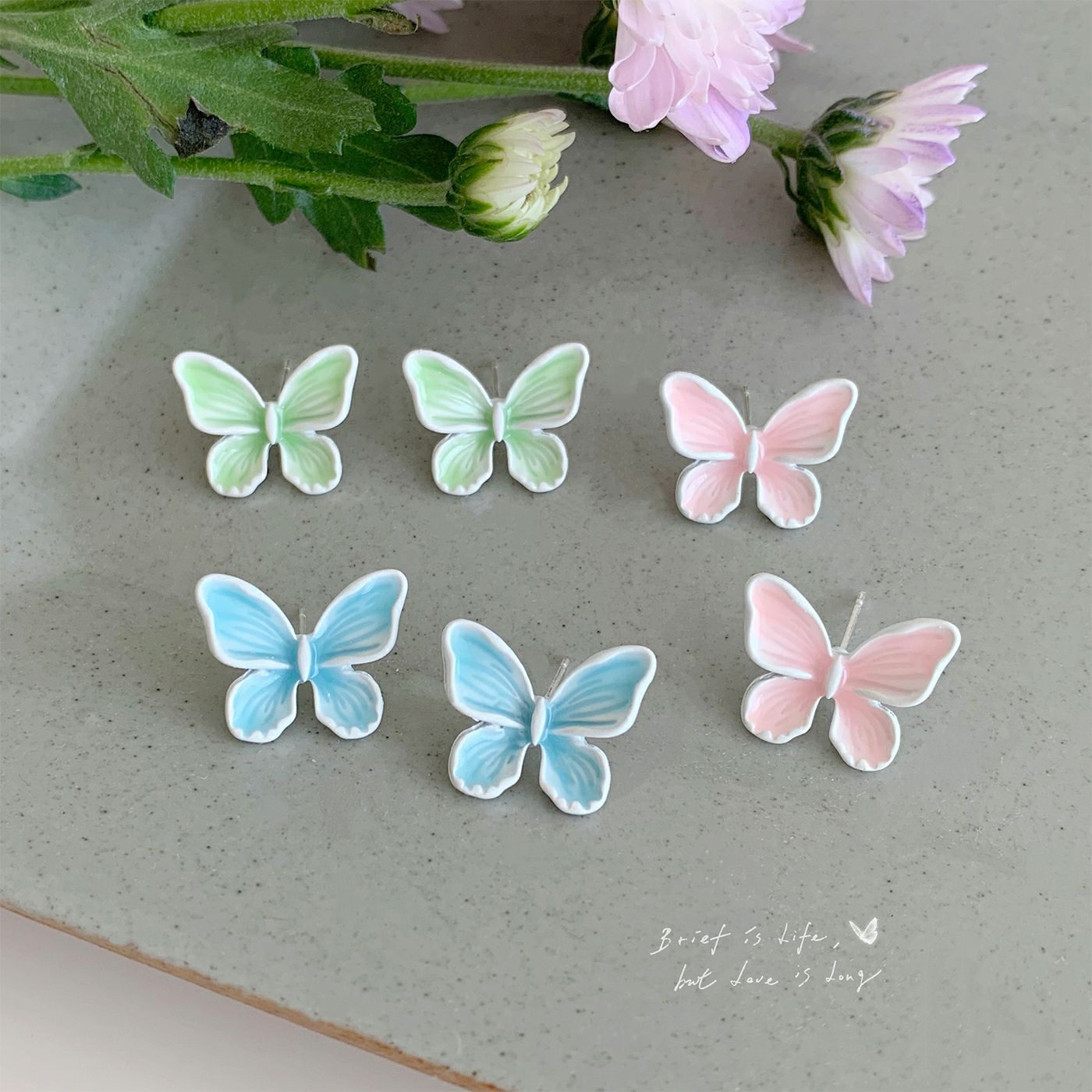 Summer sweet candy-colored oil painting butterfly earrings, women's silver needle, exquisite design sense, ins style, versatile and super fairy earrings full figure