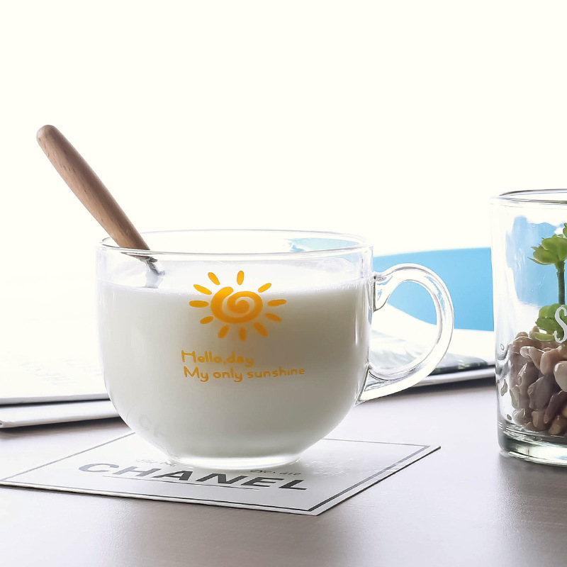 Large-capacity transparent glass mugs, oat cups, Japanese covered spoons, breakfast cups, milk and cereal bowls, for household use Specification drawing