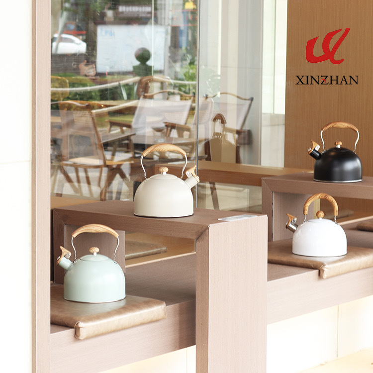 New cross-border whistling kettle, beige 2.5L flat-bottomed whistling kettle wholesale, European-style stainless steel whistling kettle full figure