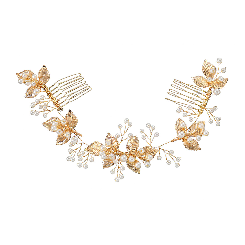 Korean-style beautiful bridal headwear, alloy leaf handcrafted pearl pair comb, bridal accessories, hair comb factory direct sales Item Picture