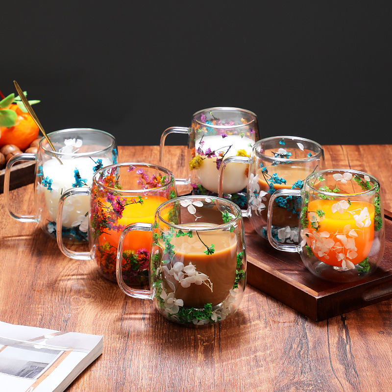Creative new products: Double-layer high borosilicate glass cups with dried flowers, office, bar and home mark coffee cups Application Scenario