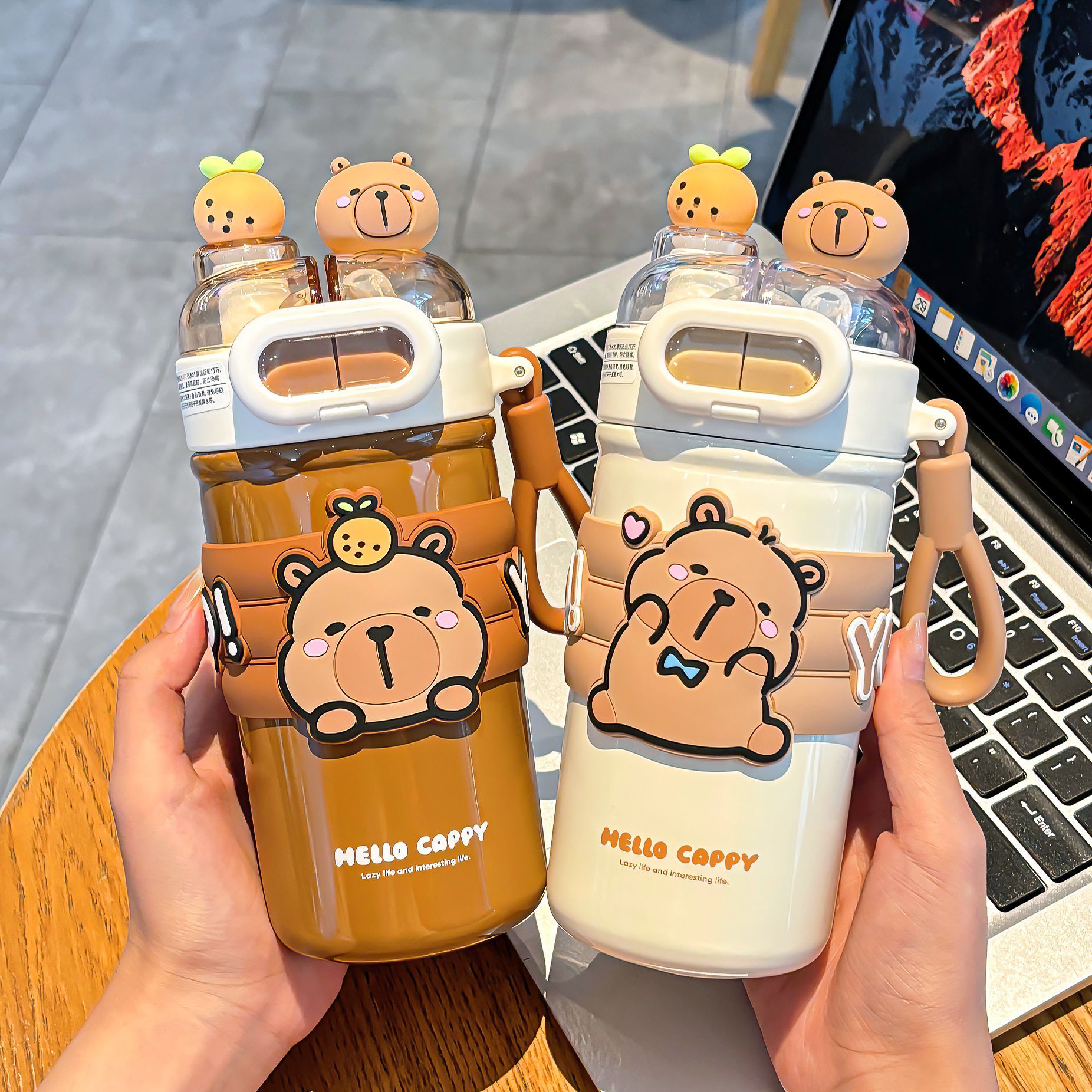 Cartoon cute Capibara glasses, double drinking cup, insulated cup, 316 stainless steel portable lock buckle drinking cup for children Specification drawing