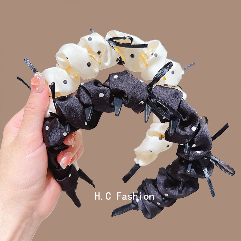 Three-dimensional pleated polka dot bow tooth comb headband for women, high headband on both sides of the head, toothed anti-slip hairpin headwear details Picture