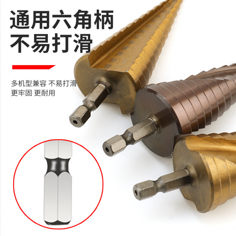 Baota drill bit, universal metal hole opener, conical steel super-hard reaming, iron plate electric wrench, step drill bit Application Scenario