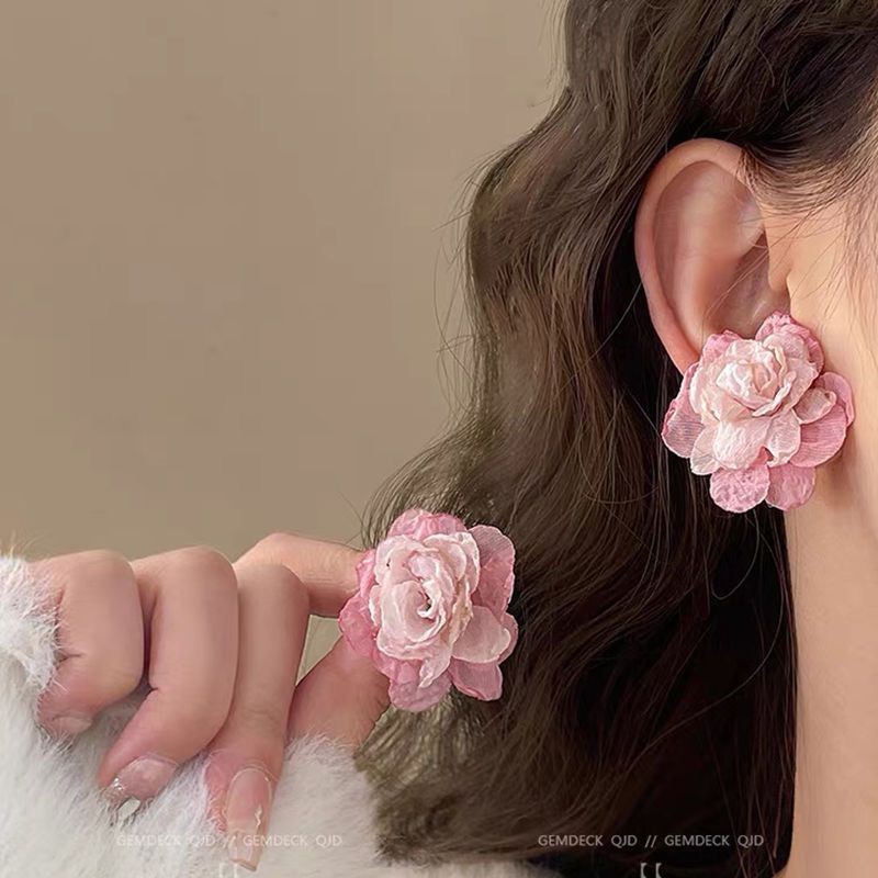 Pink tulle flower earrings for women, 2025 new long tassel style, elegant stud earrings, internet-famous high-end earrings, summer Specification drawing