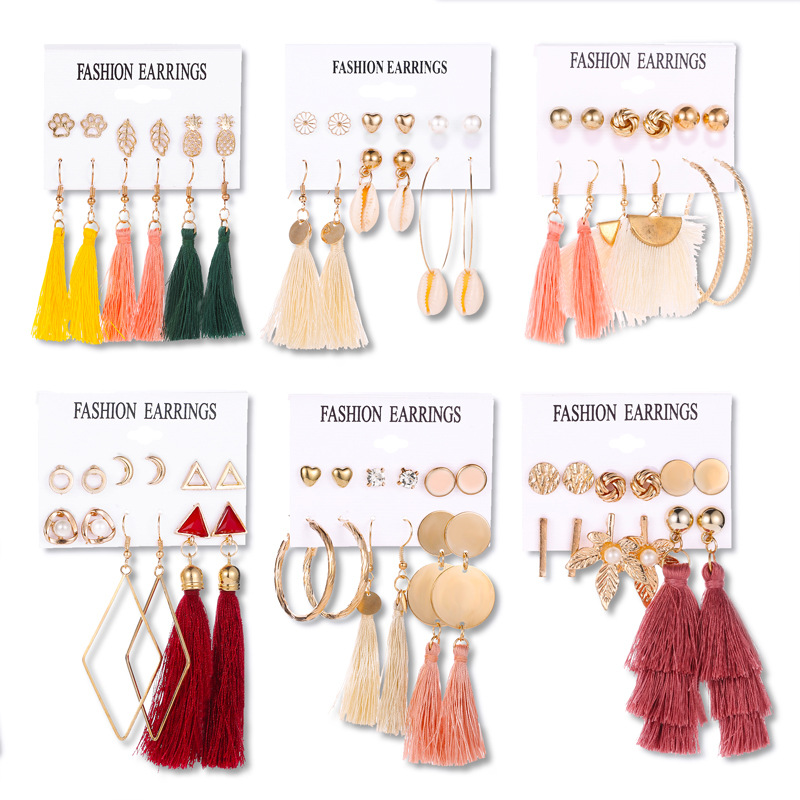 Cross-border best-selling set of tassel earrings, Bohemian 6-pair stud earrings, wholesale from European and American ear accessory manufacturers full figure