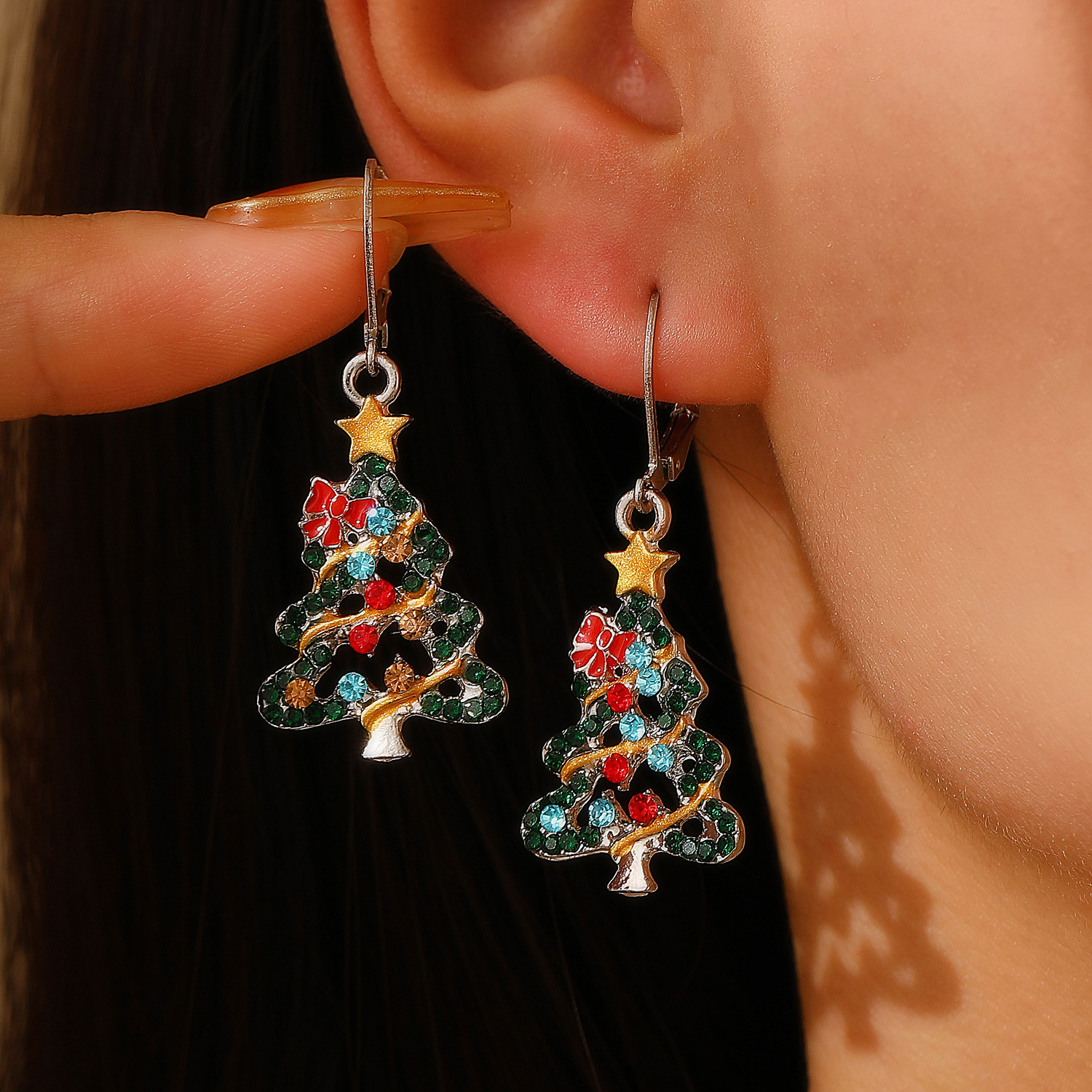 European and American cross-border alloy oil-dripping red butterfly-patterned diamond Christmas tree earrings for women's autumn and winter Christmas fashion earrings details Picture