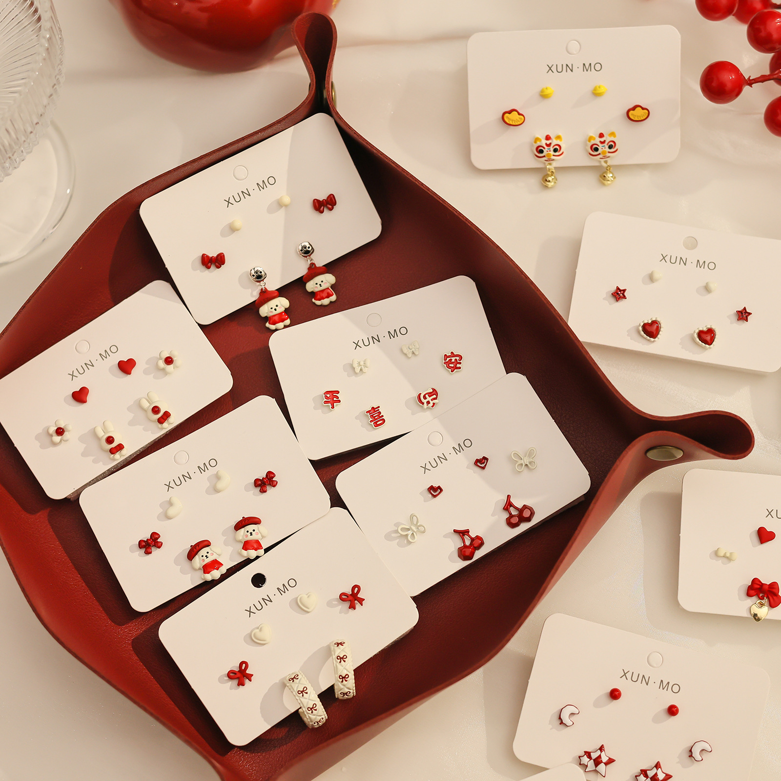 New festive silver needle stud earrings set for the Spring Festival in 2025, cute wine-red cherry earrings, and retro Chinese-style earrings full figure