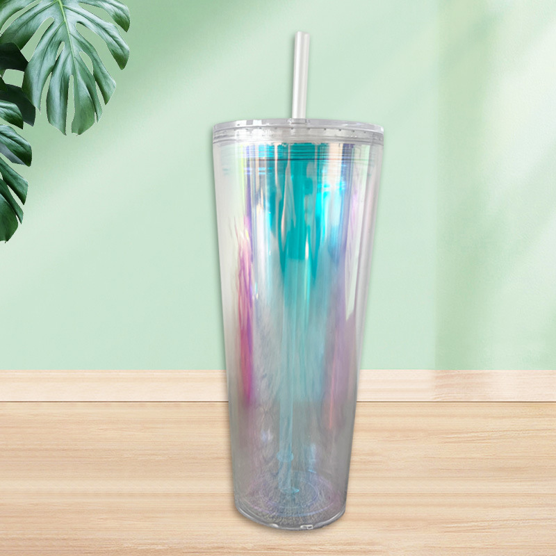 New type of foreign trade laser insert double-layer straw cup 710ml with lid PS plastic cup source manufacturer available for order Specification drawing