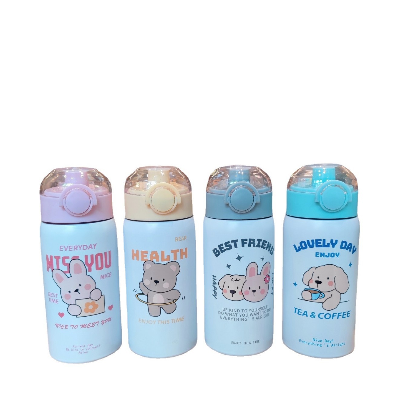 Wholesale of new cartoon insulated cups, cute student portable straw cups, hand-held stainless steel spring lid couple cups Item Picture