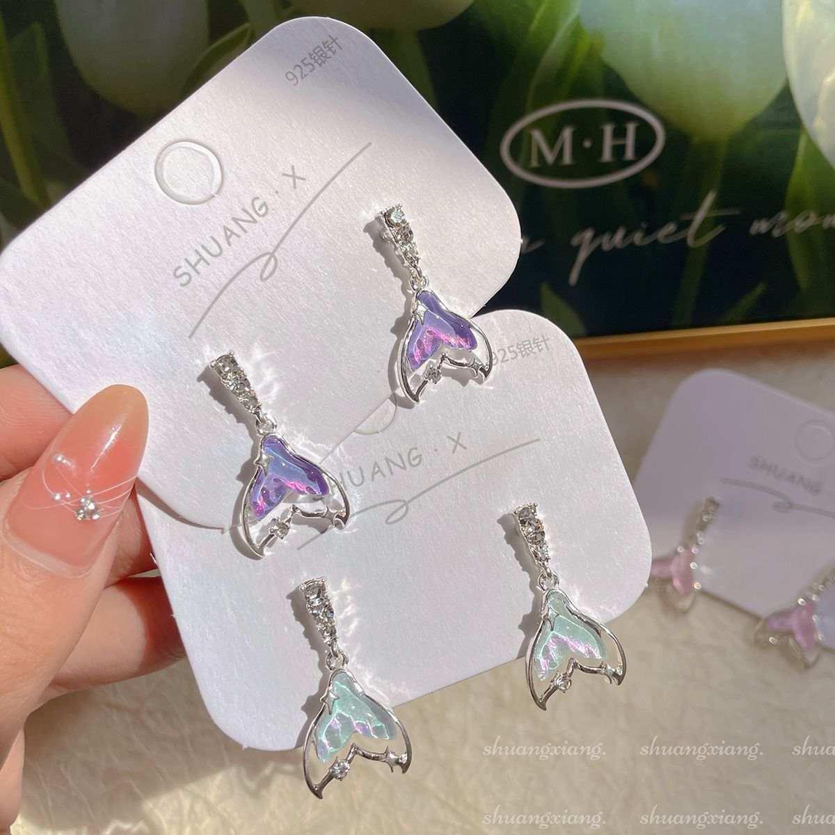 Mermaid Girl Laser purple fishtail earrings, women's silver needle, niche design, exquisite and sweet, summer fresh and delicate earrings Application Scenario
