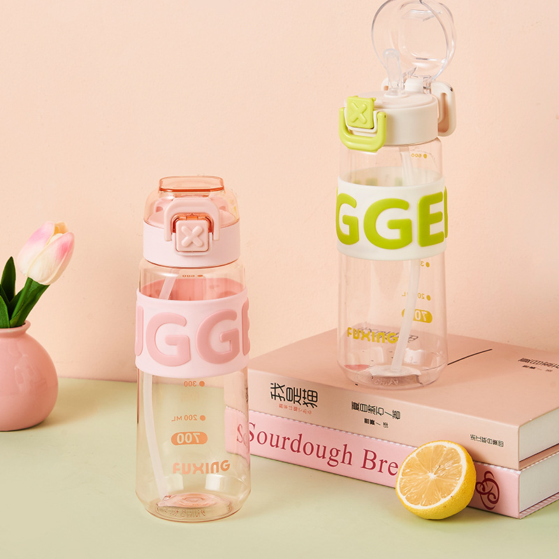 Fuxing water cup Portable summer water bottle for male and female students, high appearance level outdoor sports cup, one-button pop-up lid straw cup details Picture
