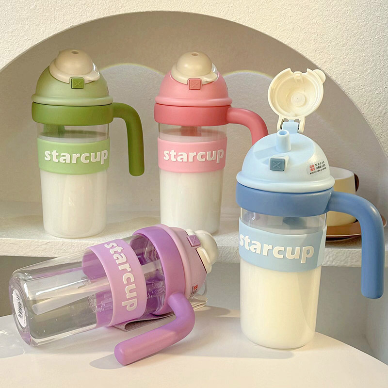 Girls' bouncing water cup, cute ins with handle, girls' straw cup, portable large-capacity straw plastic cup details Picture