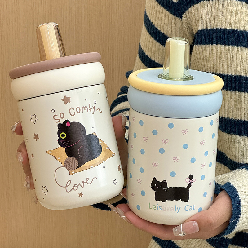 Small, simple and cute kitten thermos cup, high-end and exquisite portable water cup, stainless steel drinking cup for easy access full figure