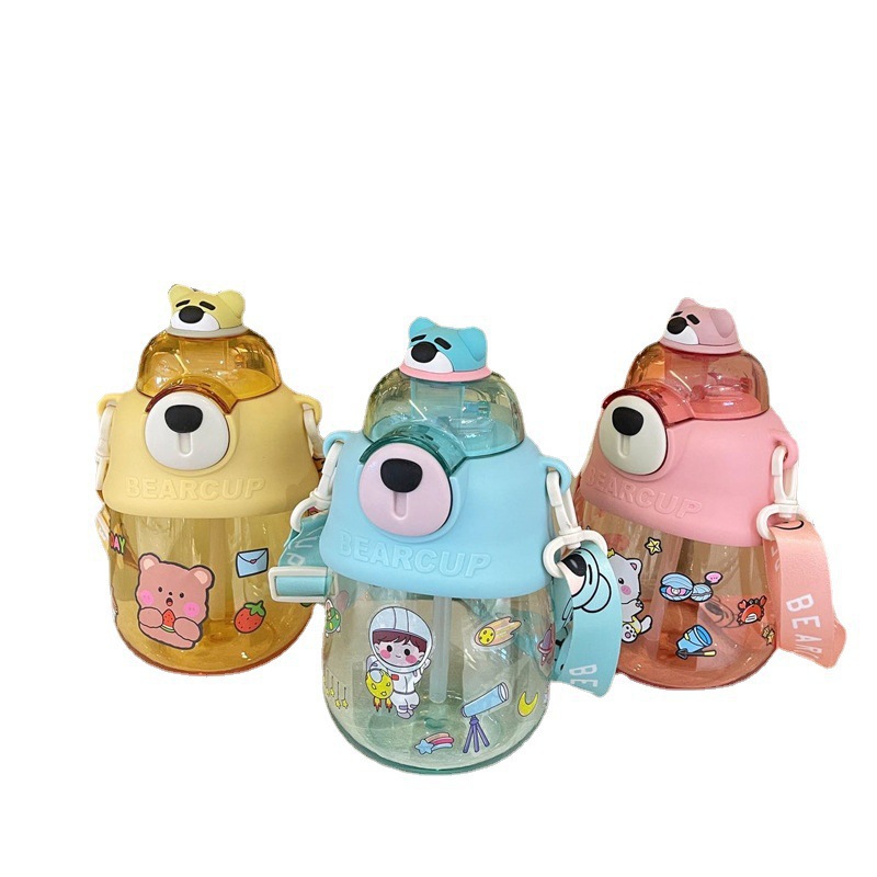 Wholesale of popular "Dun Dun Bear" straw cups, cute cartoon "Cute Bear" big-belted cups, and summer plastic water cups for students and children Item Picture