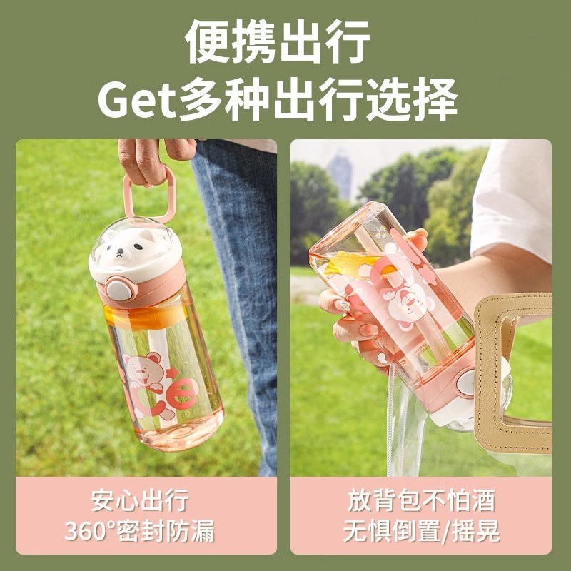 The new summer water cup features a high level of appearance, is shockproof and leak-proof, and is suitable for adult drinking with a straw, a water bottle, and a cartoon large-belted straw cup Specification drawing
