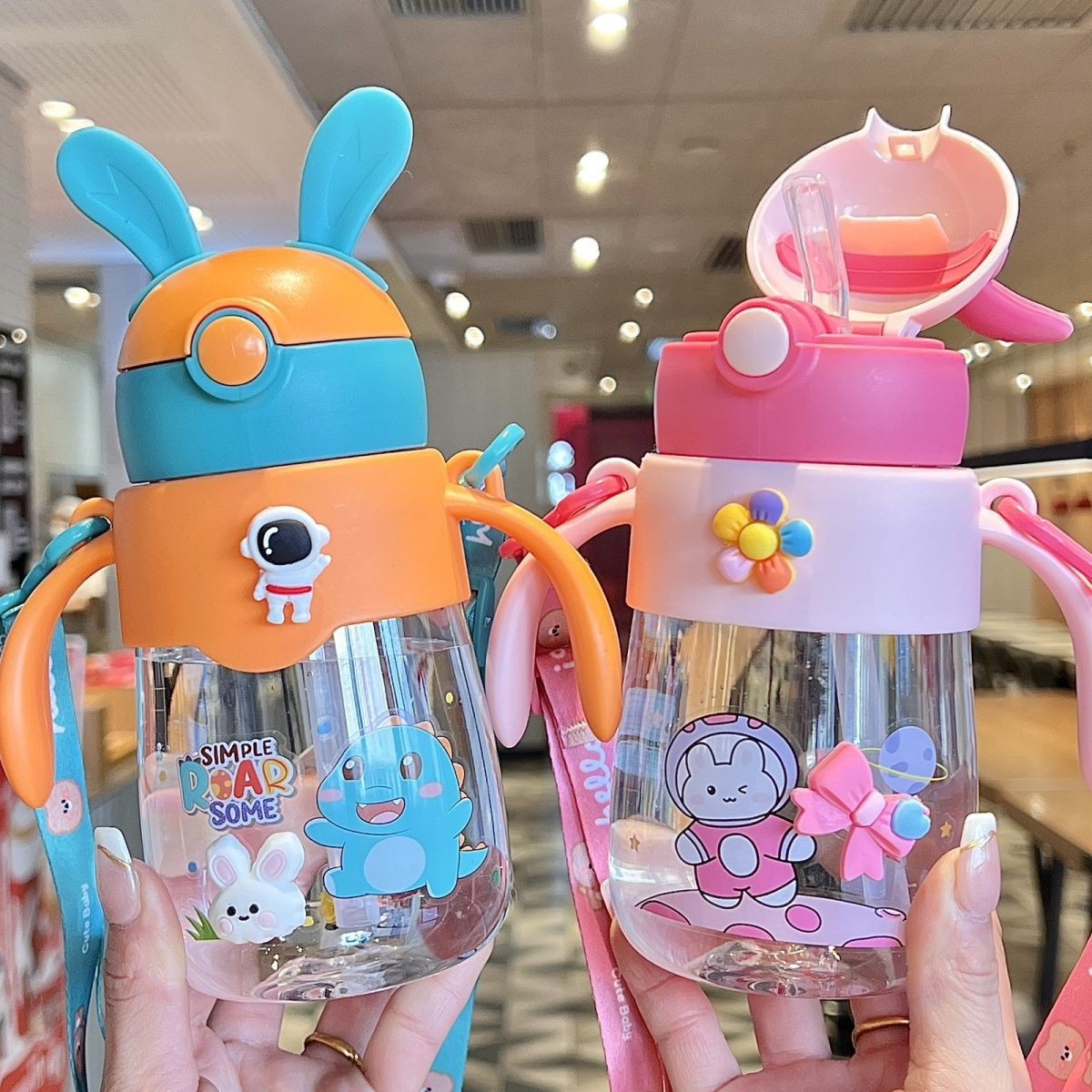 Children's straw cup, cute rabbit, 3-year-old baby drinking cup, high appearance level for girls, special water bottle for kindergarten school full figure