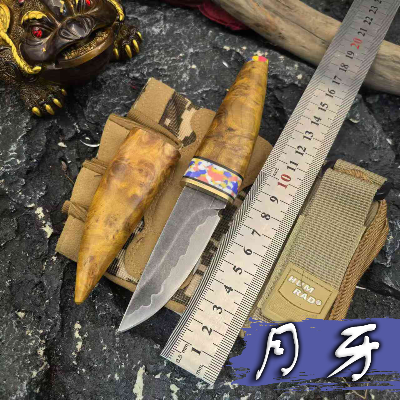 [Crescent] Hand-forged three-in-one steel cliff cypress wood multi-functional high-hardness outdoor knife tray for playing with small knives full figure