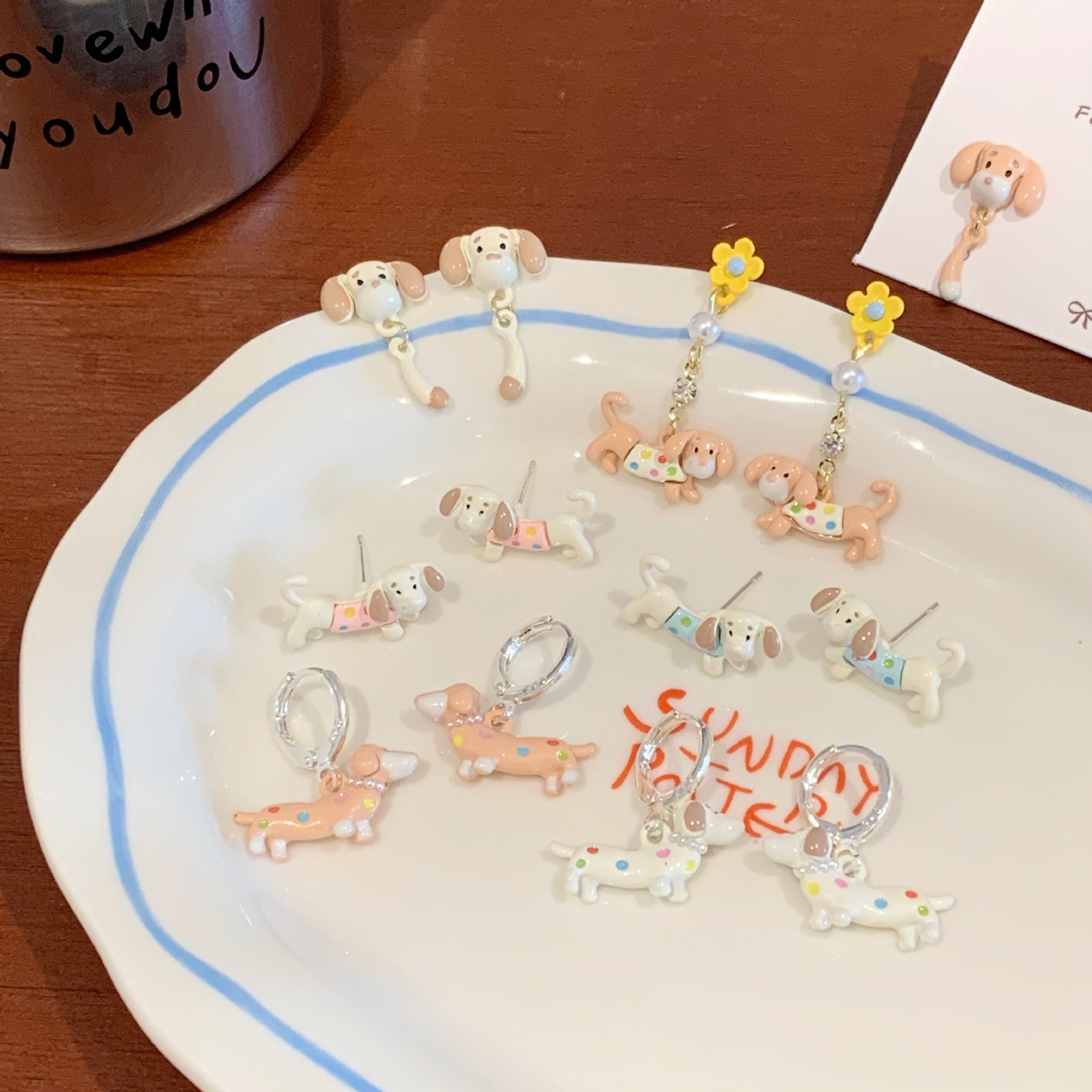 Cute and childlike polka dot Dachshund earrings, unique and niche silver needle design for women, cartoon color student earrings Application Scenario