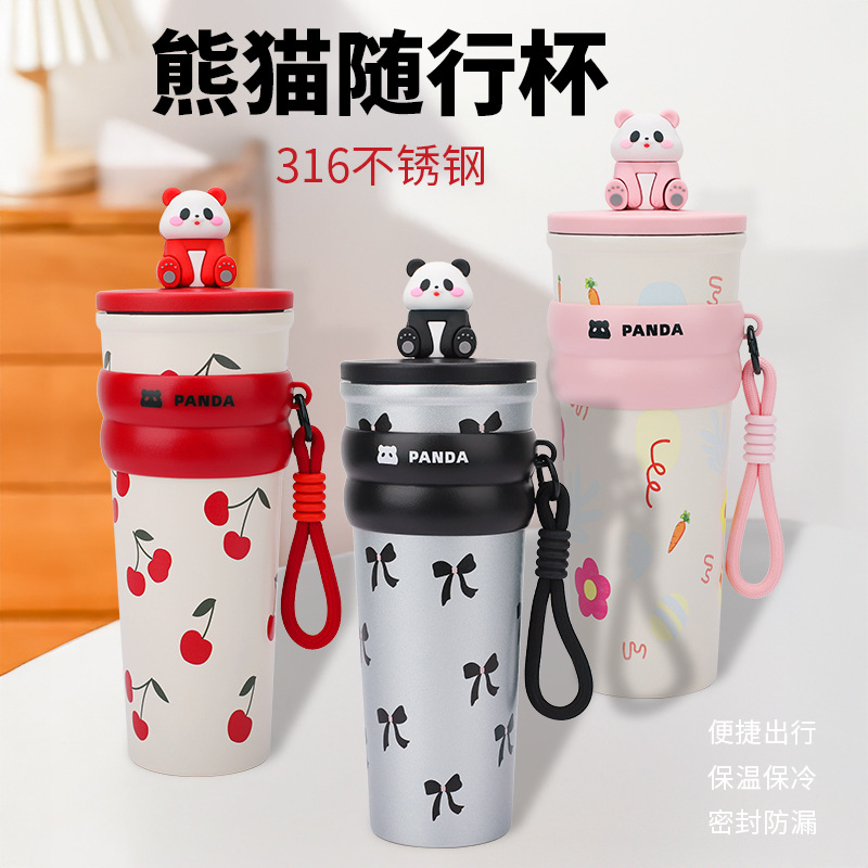 Creative water cup, straw, insulated cup, high appearance level, large capacity, Panda travel cup, 304 stainless steel portable cartoon full figure