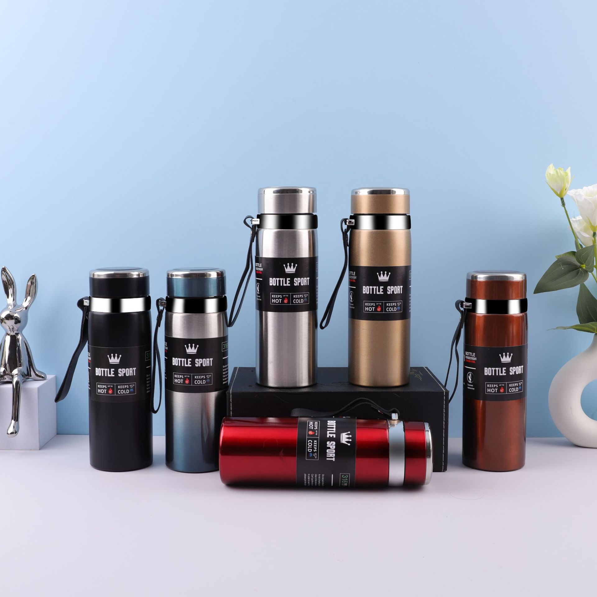 Cross-border 316 stainless steel insulated cup, large-capacity outdoor portable sports water bottle with handle rope, business gift cup full figure