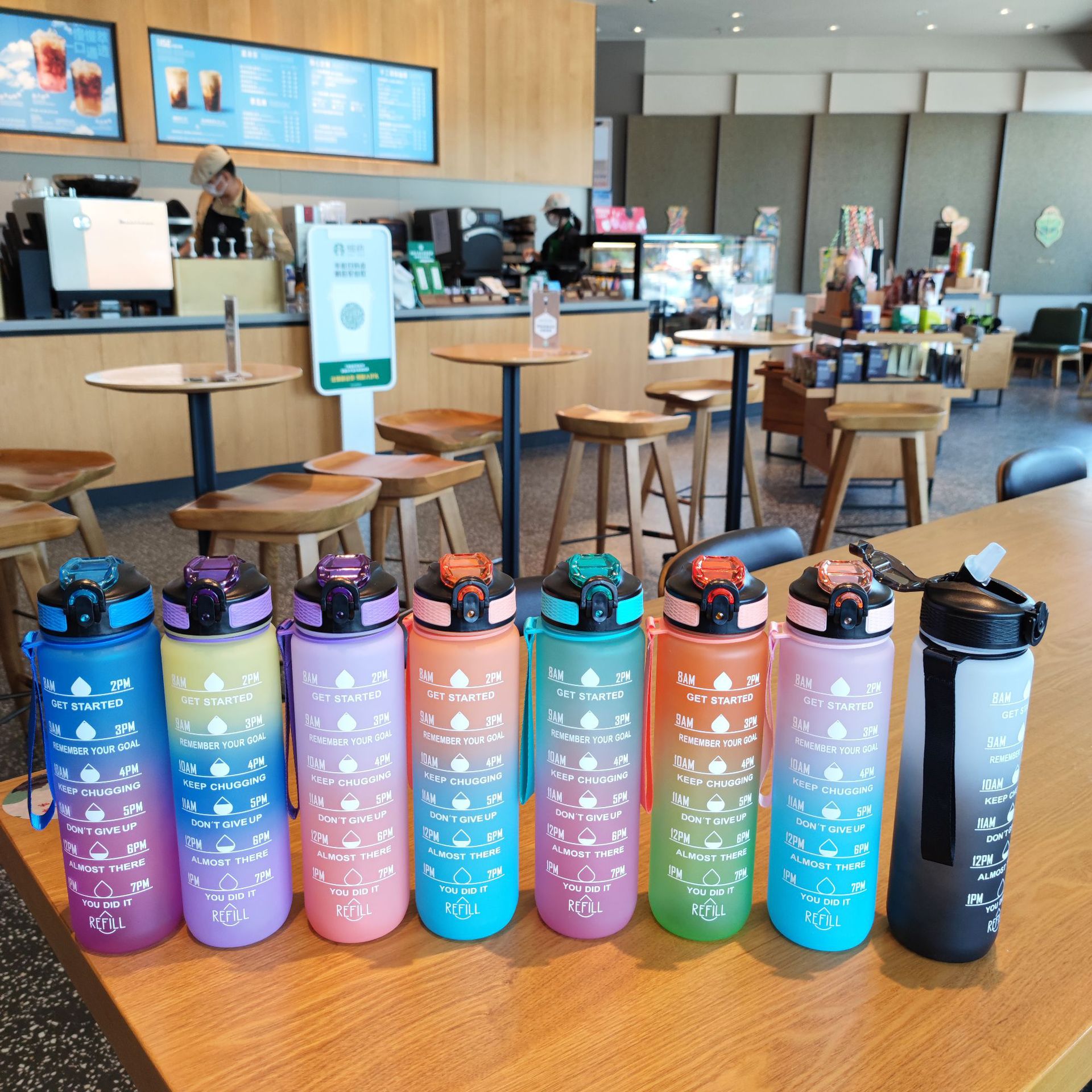 New gradient portable drawstring duckbill straw water cup, adult plastic water cup, solid color 1000ml, one piece for delivery details Picture