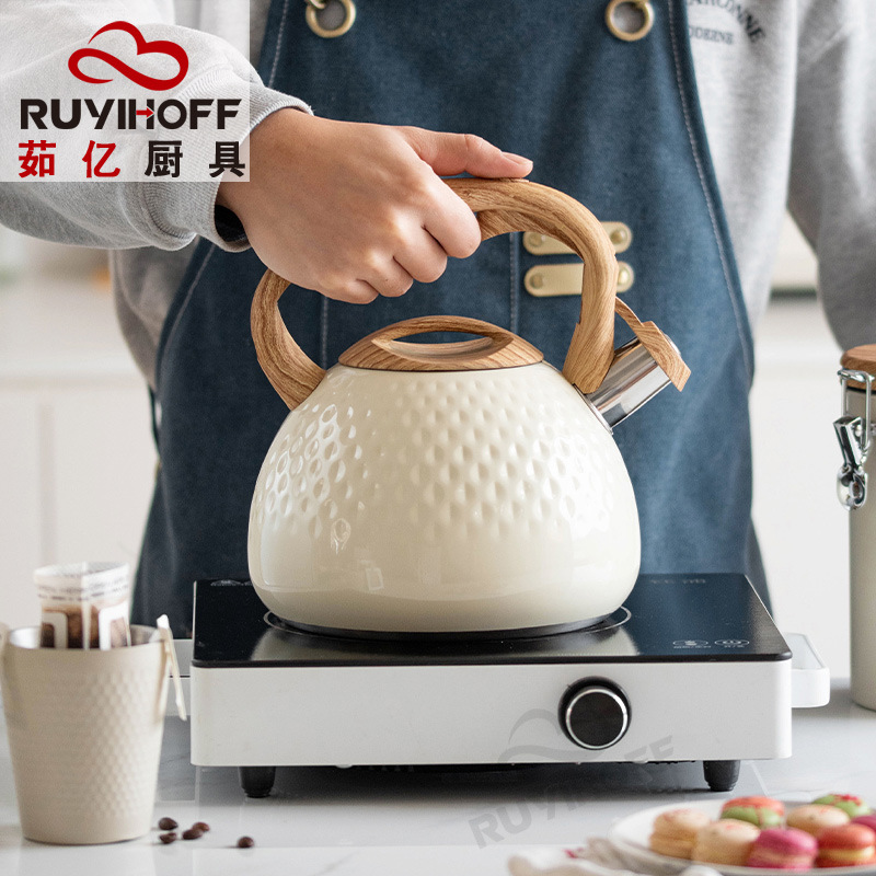 New cross-border off-white hammer-patterned sounding kettle for boiling tea and coffee, European and American kitchenware flat-bottomed sounding kettle 3L details Picture