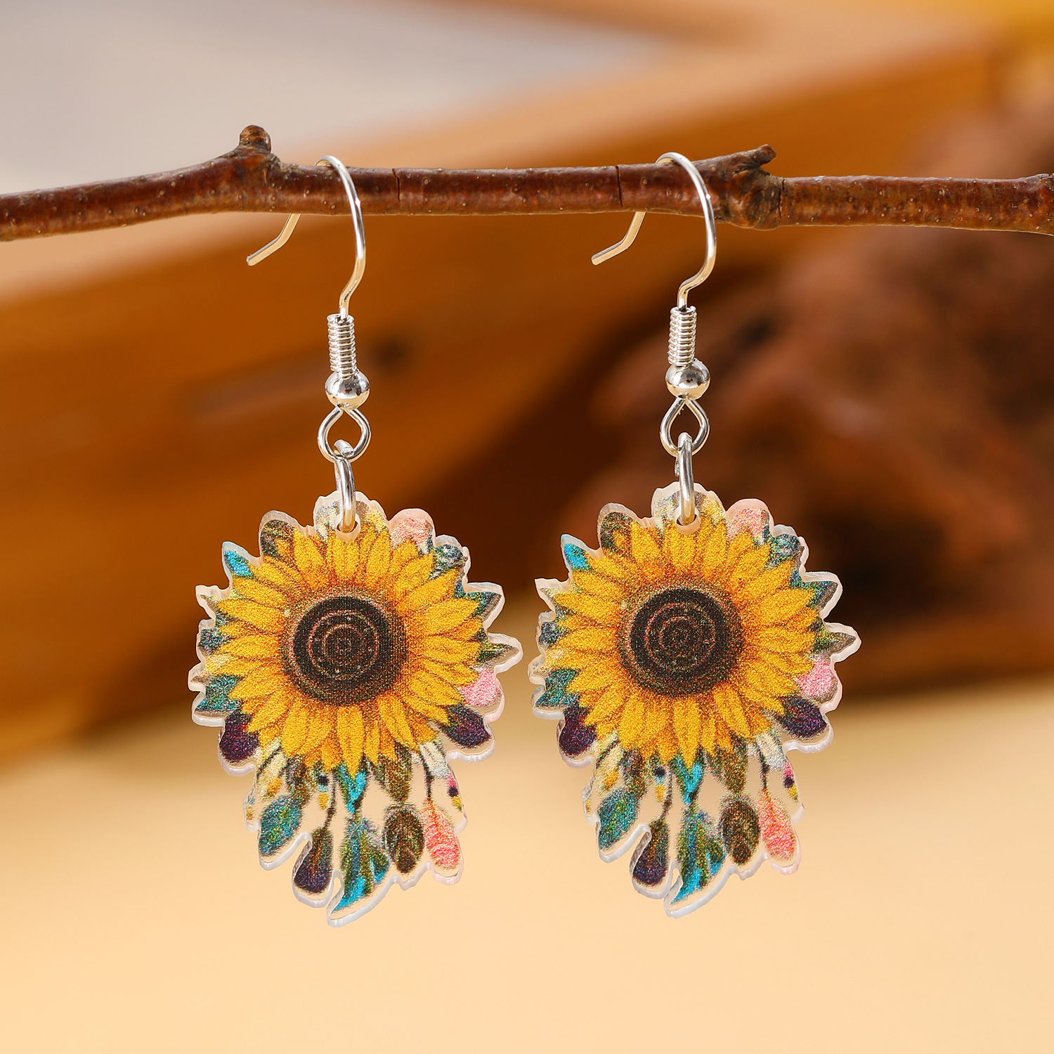 European and American Bohemian ethnic style sunflower flower earrings, feather dreamcatcher earrings, acrylic earrings for women details Picture