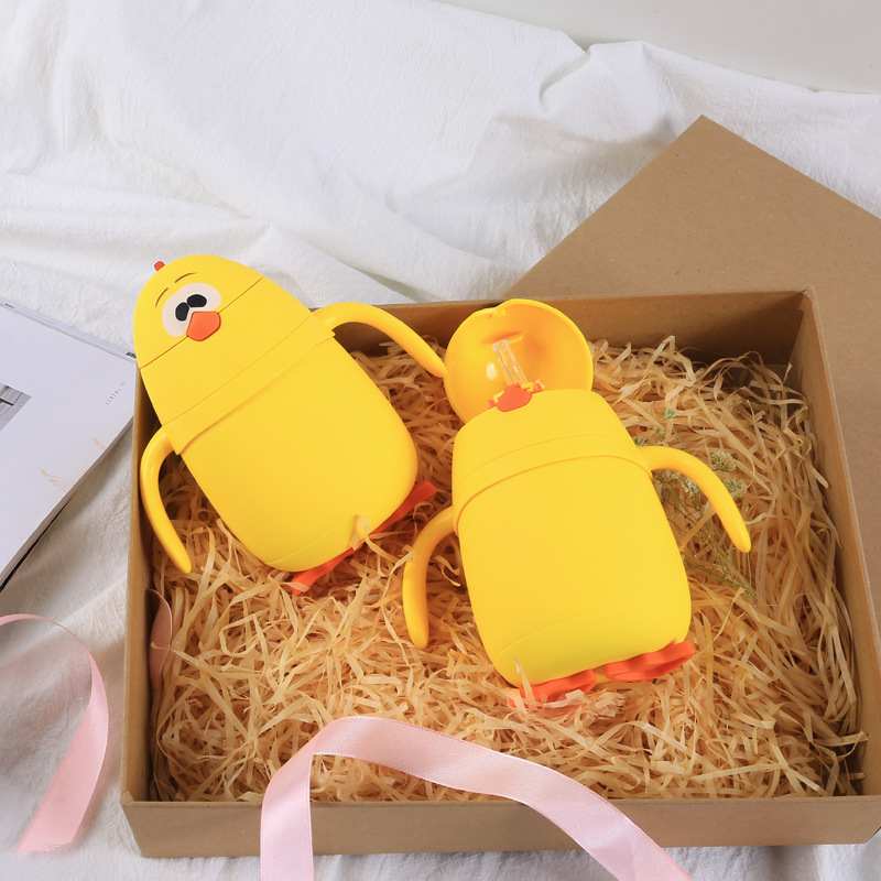 New internet-famous version, cute little yellow chicken with spout, handle, scale printing gift, children's double-layer insulated glass cup details Picture