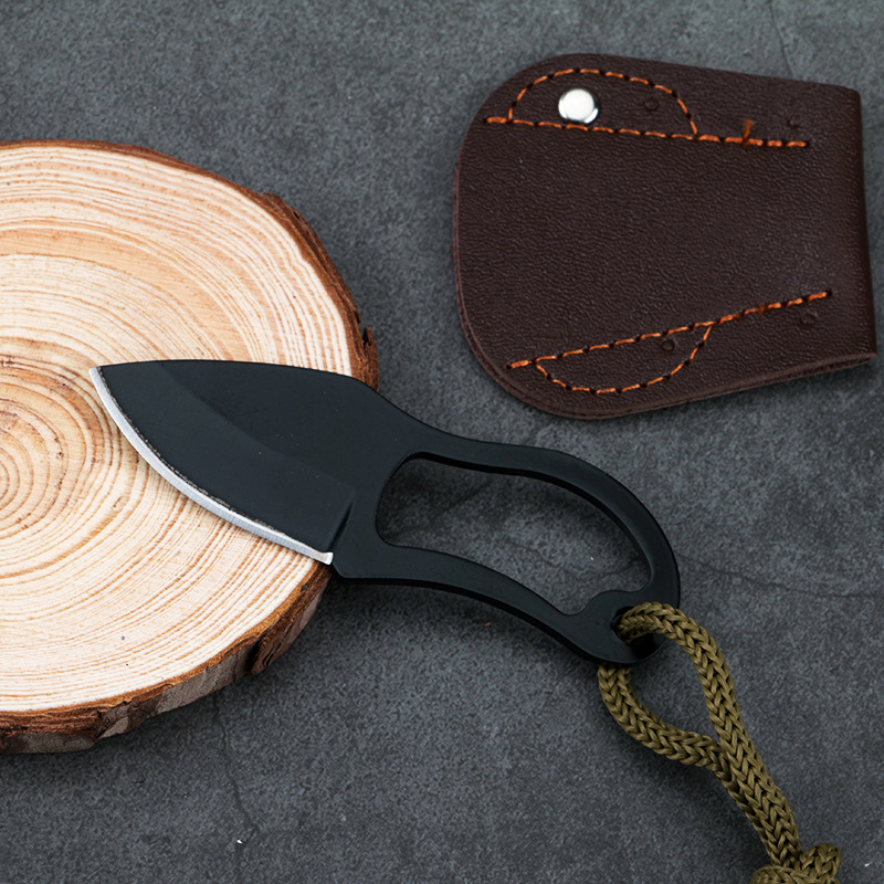 Stainless steel one-piece EDC mini straight knife, outdoor self-defense and wilderness survival portable knife with leather case details Picture