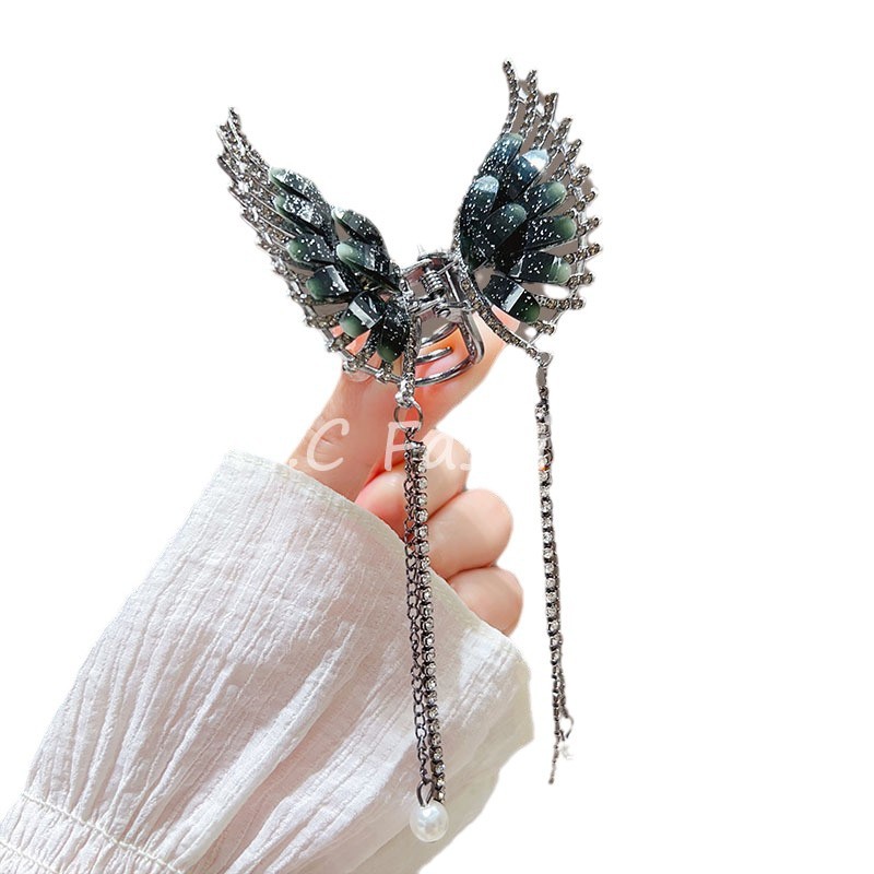 New Chinese-style crystal butterfly hair clip for women, retro back of the head, half-tied hair clip, step tassel shark clip hair clip Item Picture