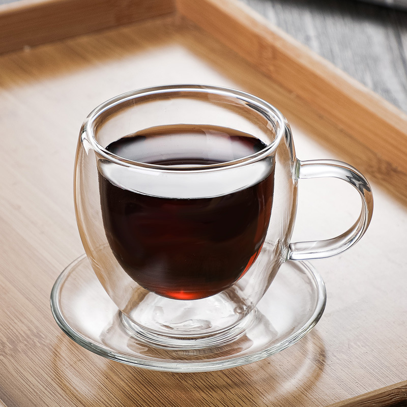 Double-layer high borosilicate coffee cups with saucers, glass water cups, office cups and tasting cups, 80ml set in stock full figure