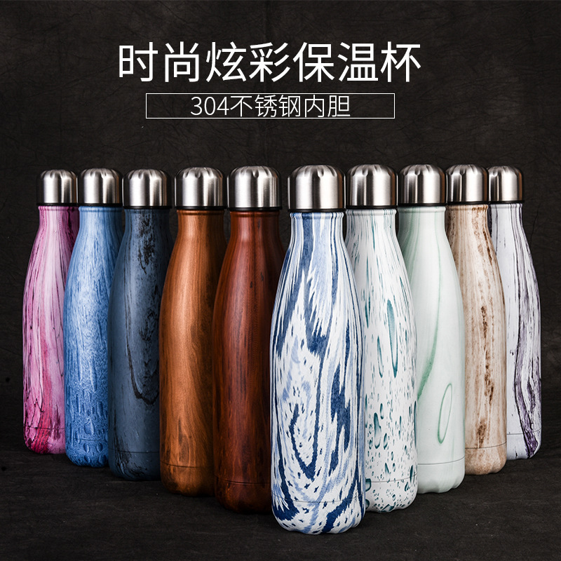 Coke bottle stainless steel vacuum insulated cup 304 Sports car water cup Men's and women's wood grain fashionable gift cup Specification drawing