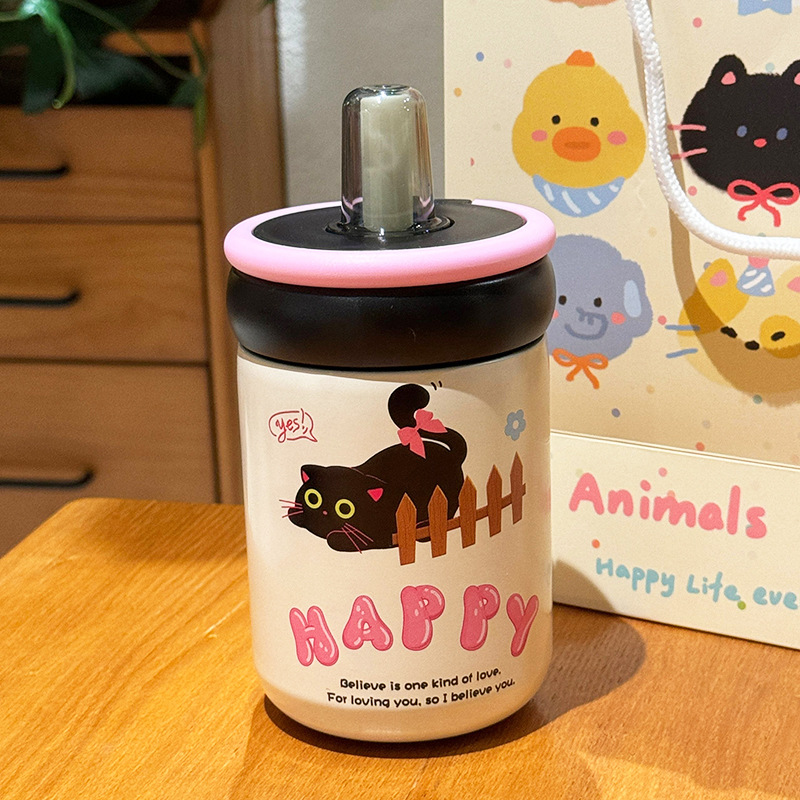 Cute little cat drinking water thermos cup, simple and elegant, exquisite and portable, small water cup for girls, stainless steel cup Application Scenario