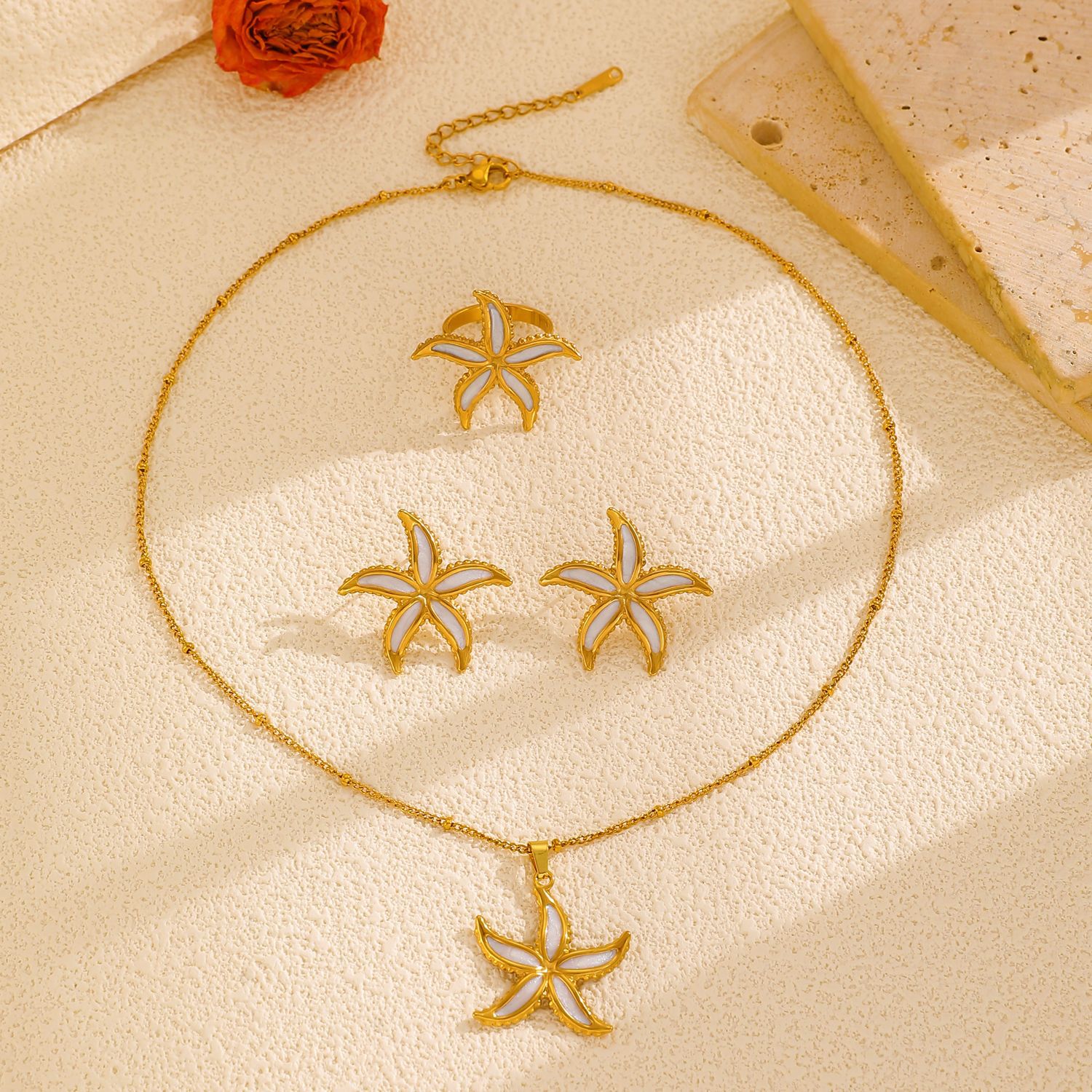 European and American cross-border ocean-style jewelry set for women, with a sense of high-end oil, starfish, conch and turtle stud necklace and ring Application Scenario