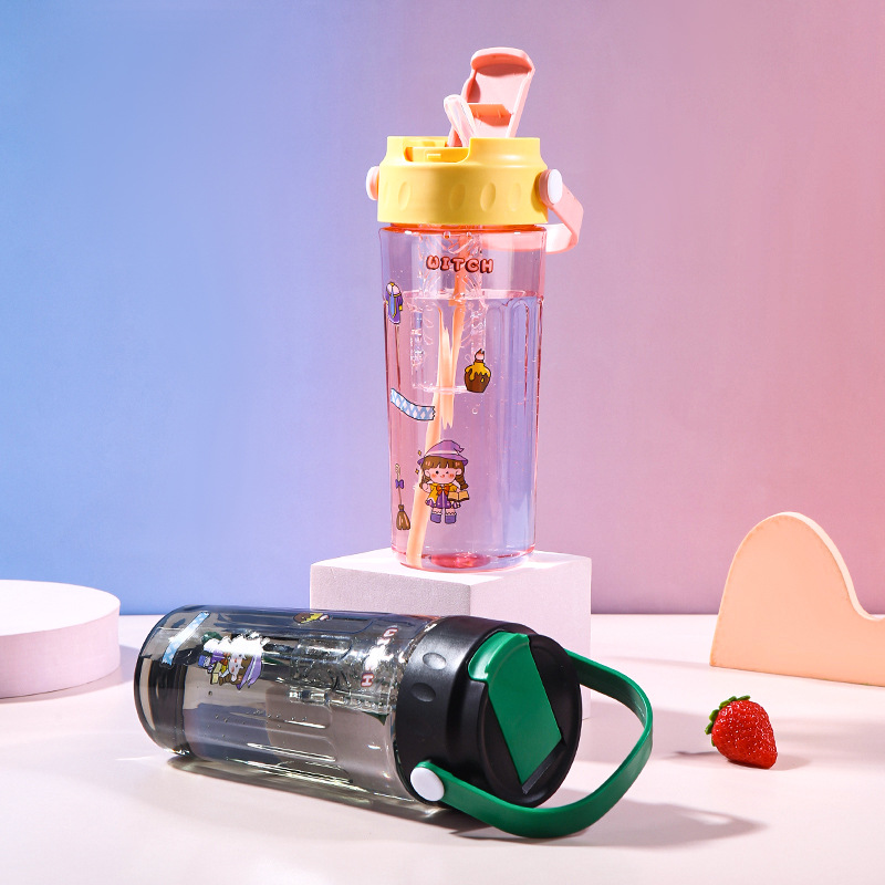 Cartoon diy portable hand-held plastic cup with filter, large-capacity hand-held straw cup, fitness portable sports water cup Specification drawing