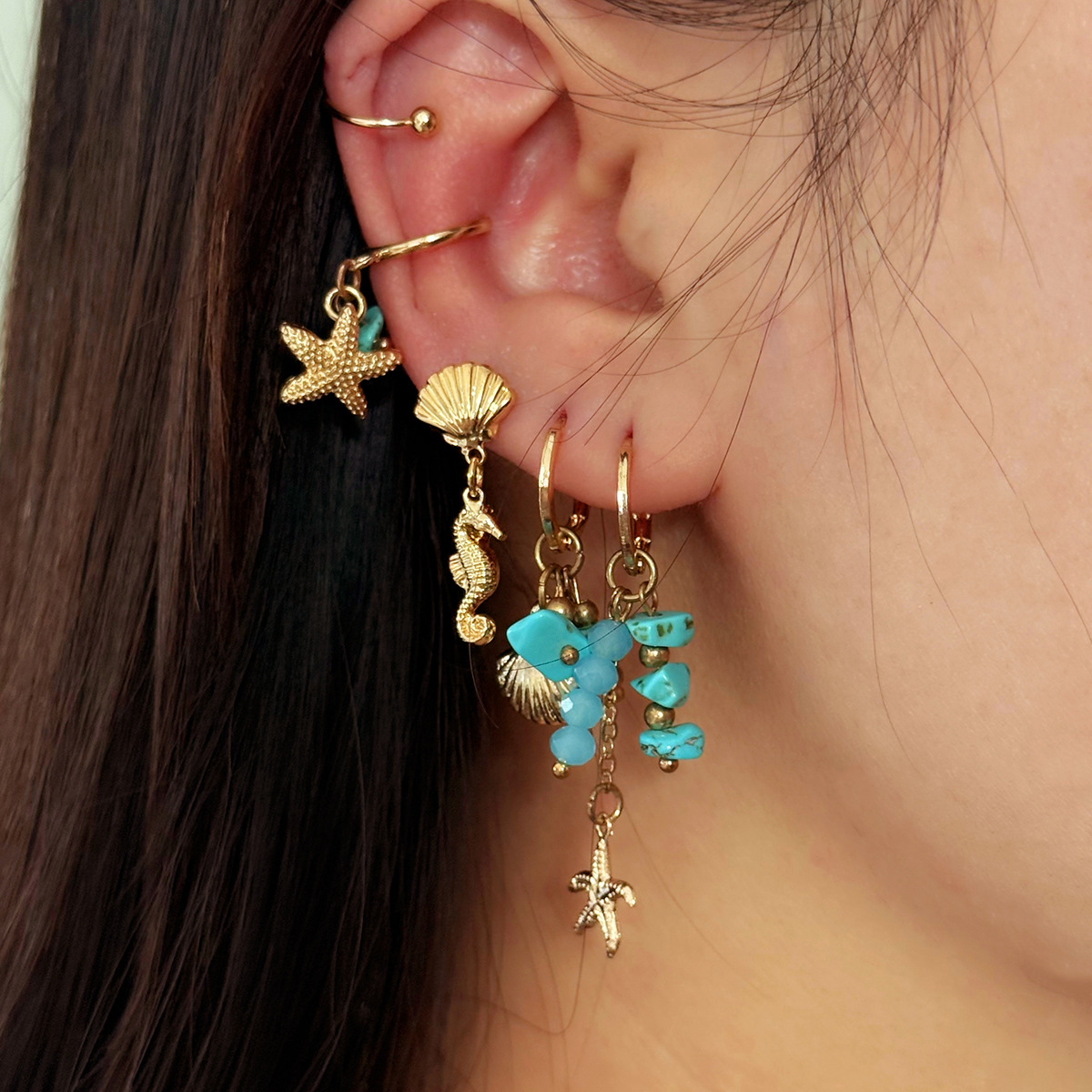 Cross-border ins ocean vacation style starfish scallop pendant earring Sweet seahorse earring accessory European and American earrings details Picture