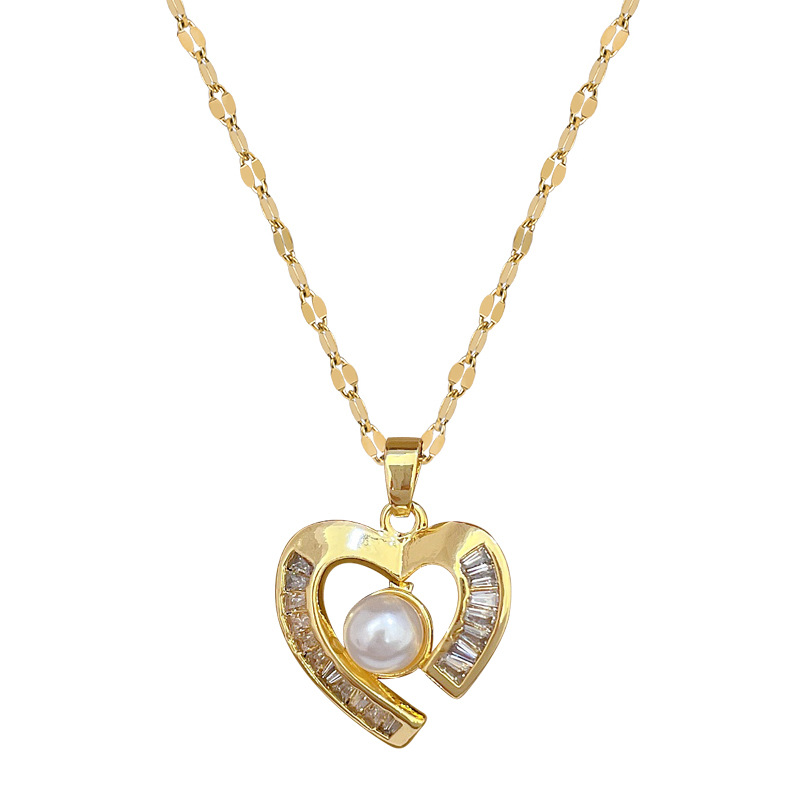 【 Titanium Steel 】 Necklace and Earring set, light Luxury Full diamond heart pearl, personalized and elegant banquet earrings and necklaces Item Picture