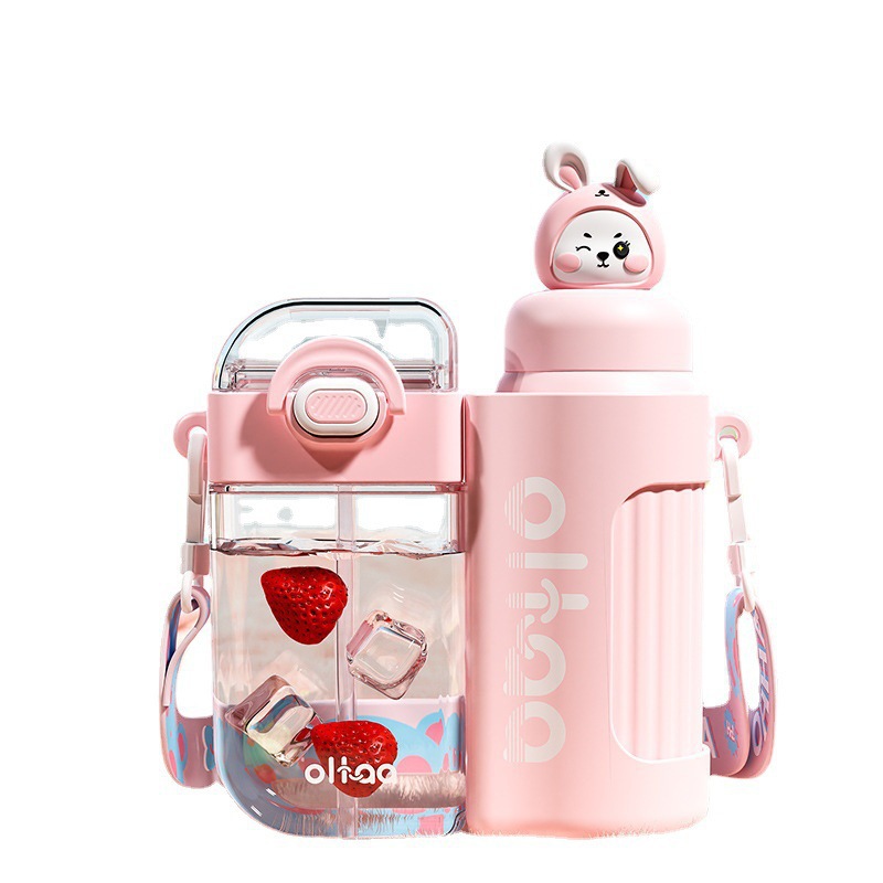 Children's double-drinking straw cup, cute cartoon 316 stainless steel insulated cup, double-assembly detachable plastic cup, light luxury Item Picture
