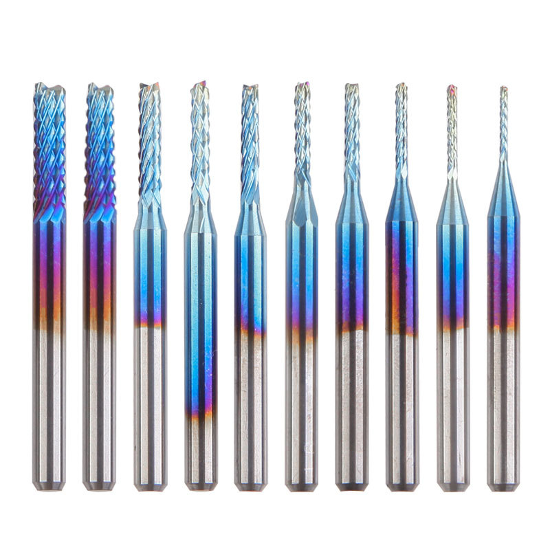 10pc tungsten steel engraving machine tool, PCB milling cutter, milling cutter, circuit board rough skin, blue-coated corn milling cutter, 0.8-3.175 details Picture