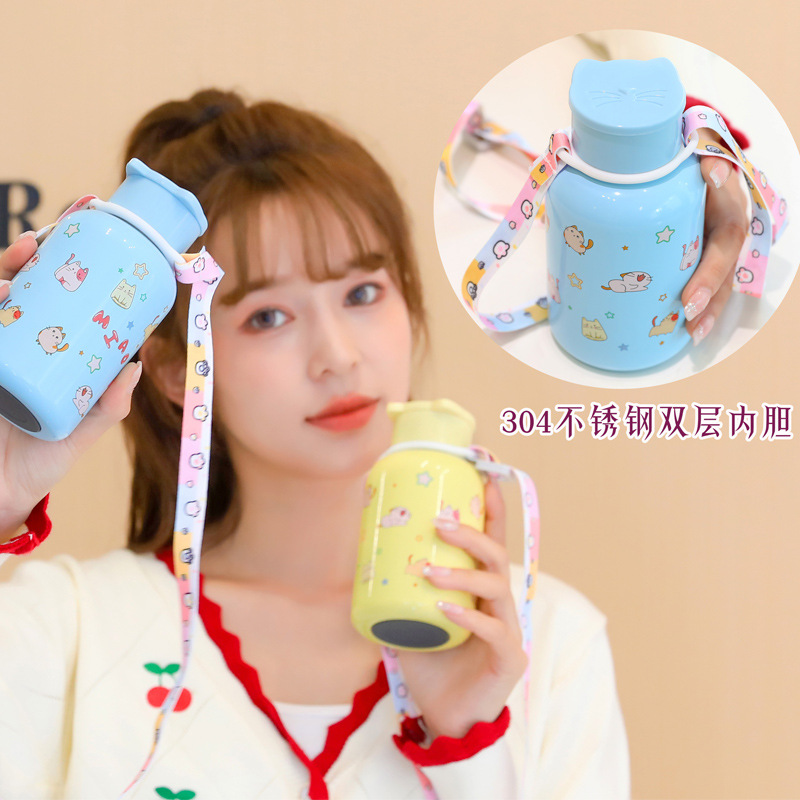 New creative cat-themed insulated cup with a crossbody strap, popular cartoon portable mini 304 stainless steel student water cup Specification drawing