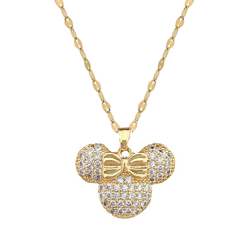 【 Titanium Steel 】 Light luxury style, luxurious, full of diamonds, cute mouse necklace, versatile collarbone chain for female Internet celebrities, titanium steel chain Item Picture