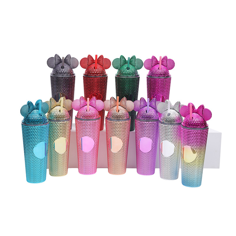 Cross-border factory direct supply double-layer plastic straw cup with bow water cup, portable and prickly creative durian cup Specification drawing